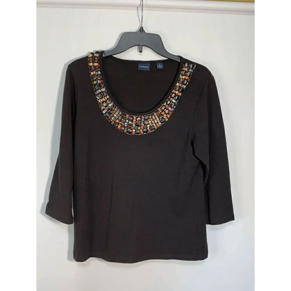 Westbound Scope Neck Beaded Jeweled 3/4 Sleeve Shirt